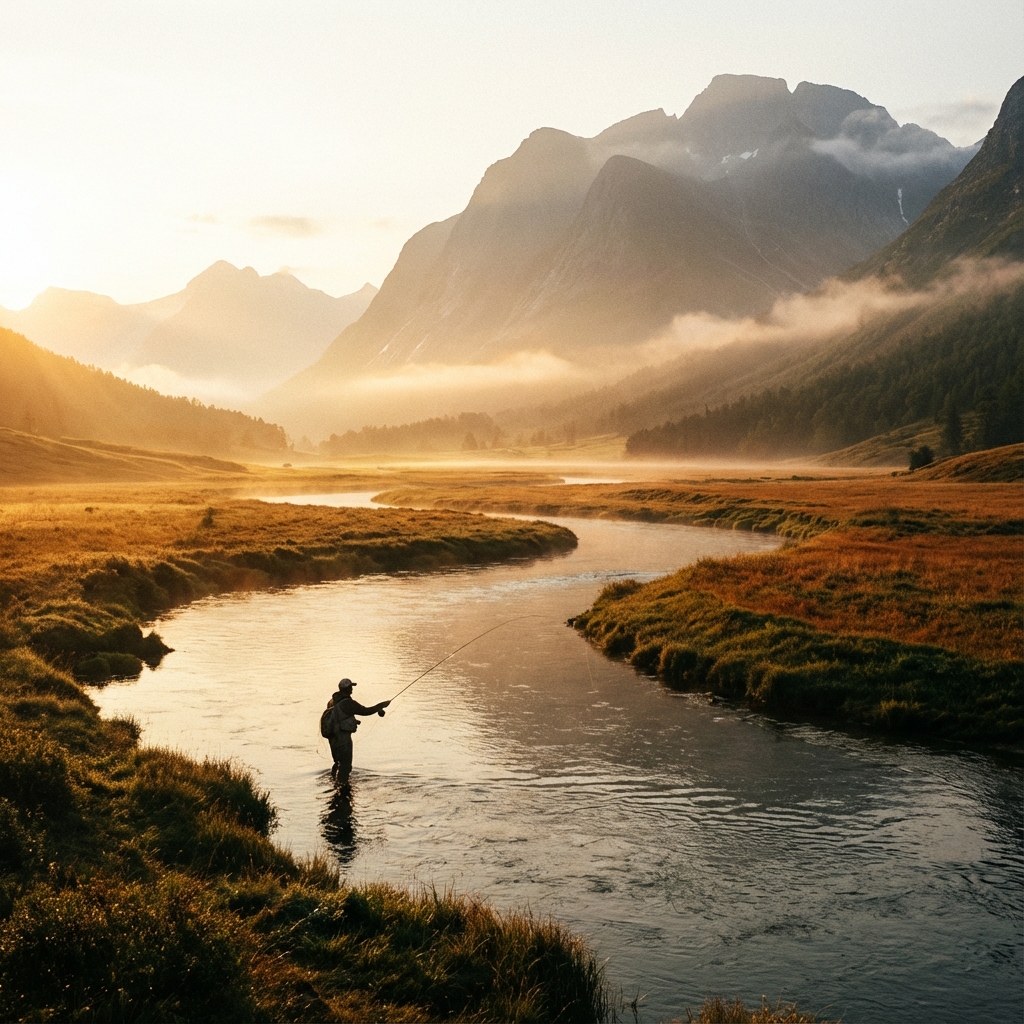 Fly fisherman casting at golden hour